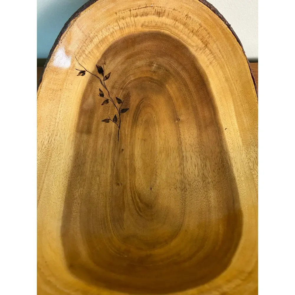 Vintage Olive Wood Look Live Edge Decorative Bowl with Burnt Floral Design